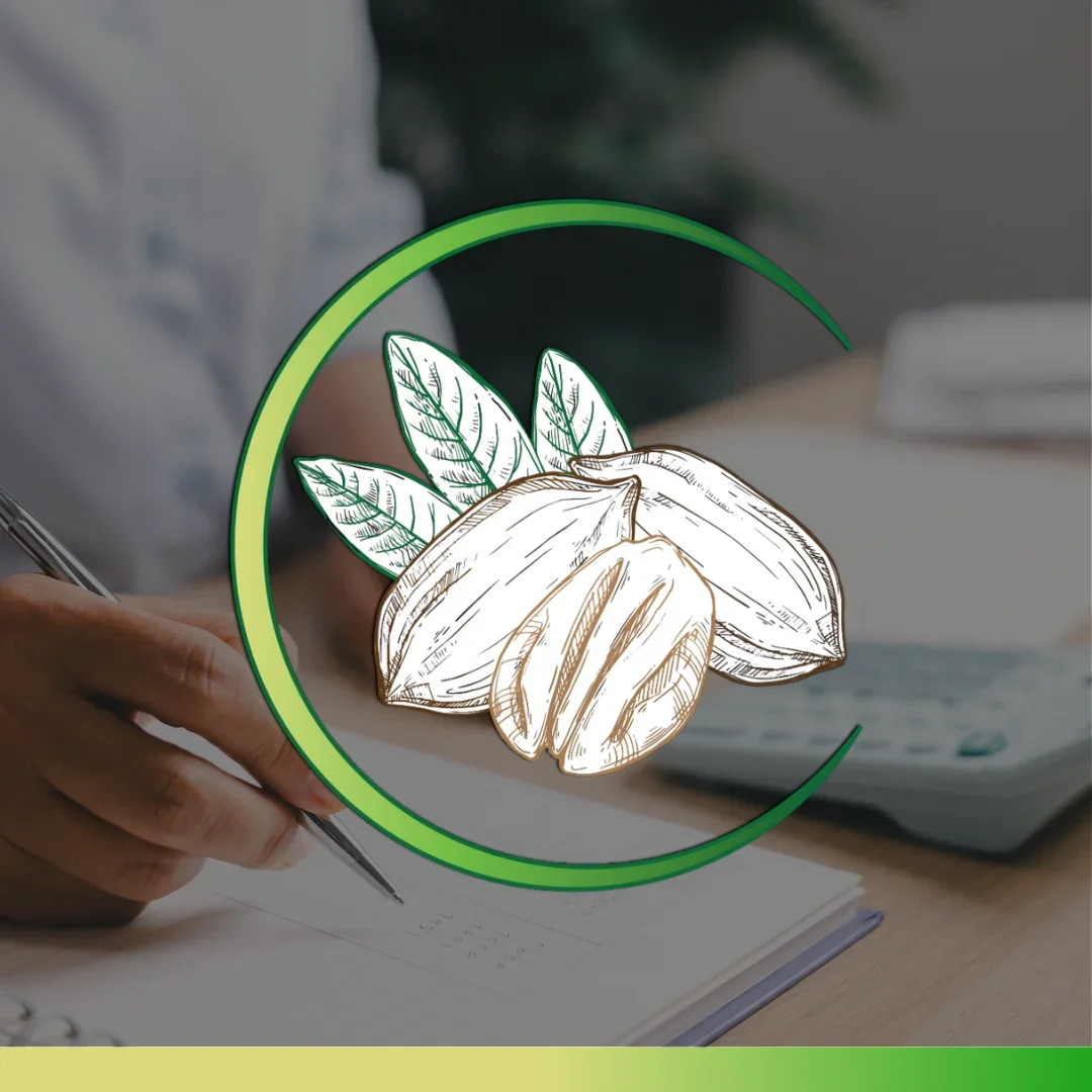 Illustration of coffee beans and leaves over a blurred background of a person writing and a calculator
