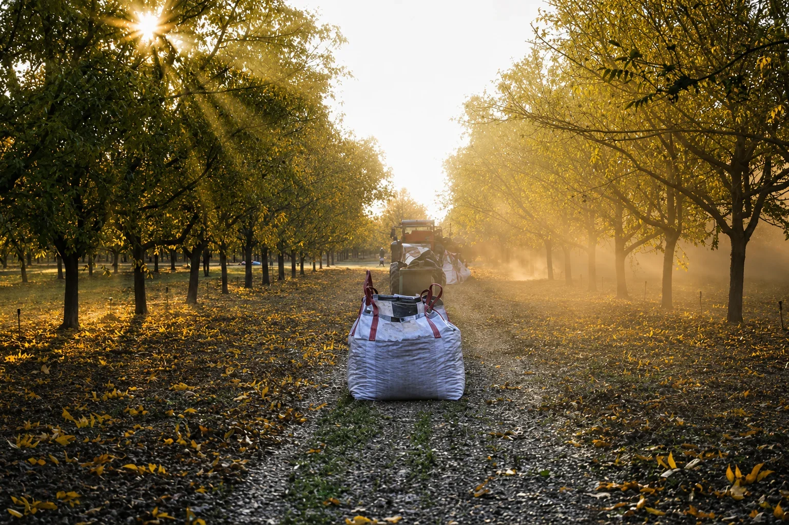 A farm or orchard during sunset with a row of trees on each side and farming equipment and bags along the path.