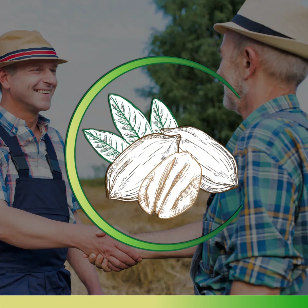 Two men in checkered shirts and hats shake hands outdoors, with a graphic of a nut and leaves overlaying the image.