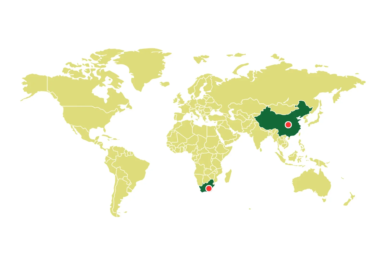 World map highlighting China and Argentina in green with red and white target icons.