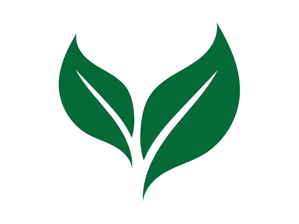 A green leaf logo with two pointed leaves and a stem in the middle.