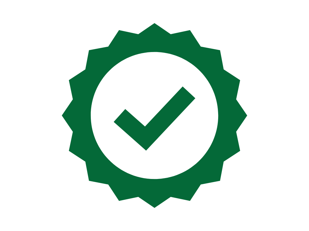 Green badge with a checkmark inside a circle, symbolizing certification or approval