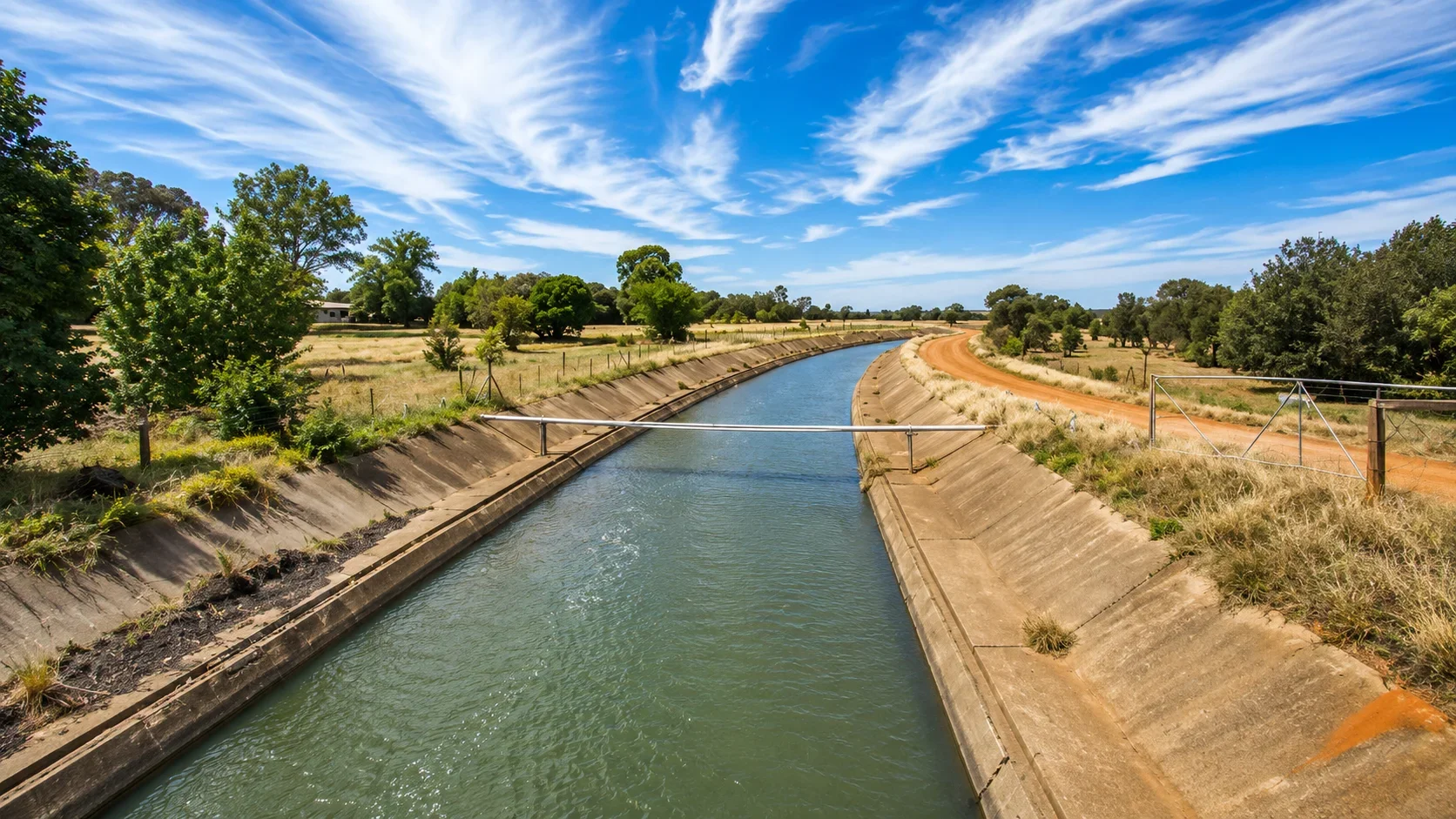 A canal with concrete sides filled with water runs through a rural landscape with trees, grass, and a dirt road under a blue sky with scattered clouds.