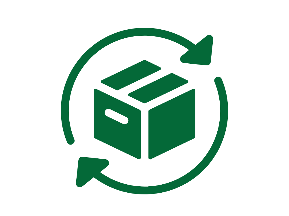 Sustainable packaging icon featuring a box with arrows circling around it, indicating recycling or eco-friendly disposal.