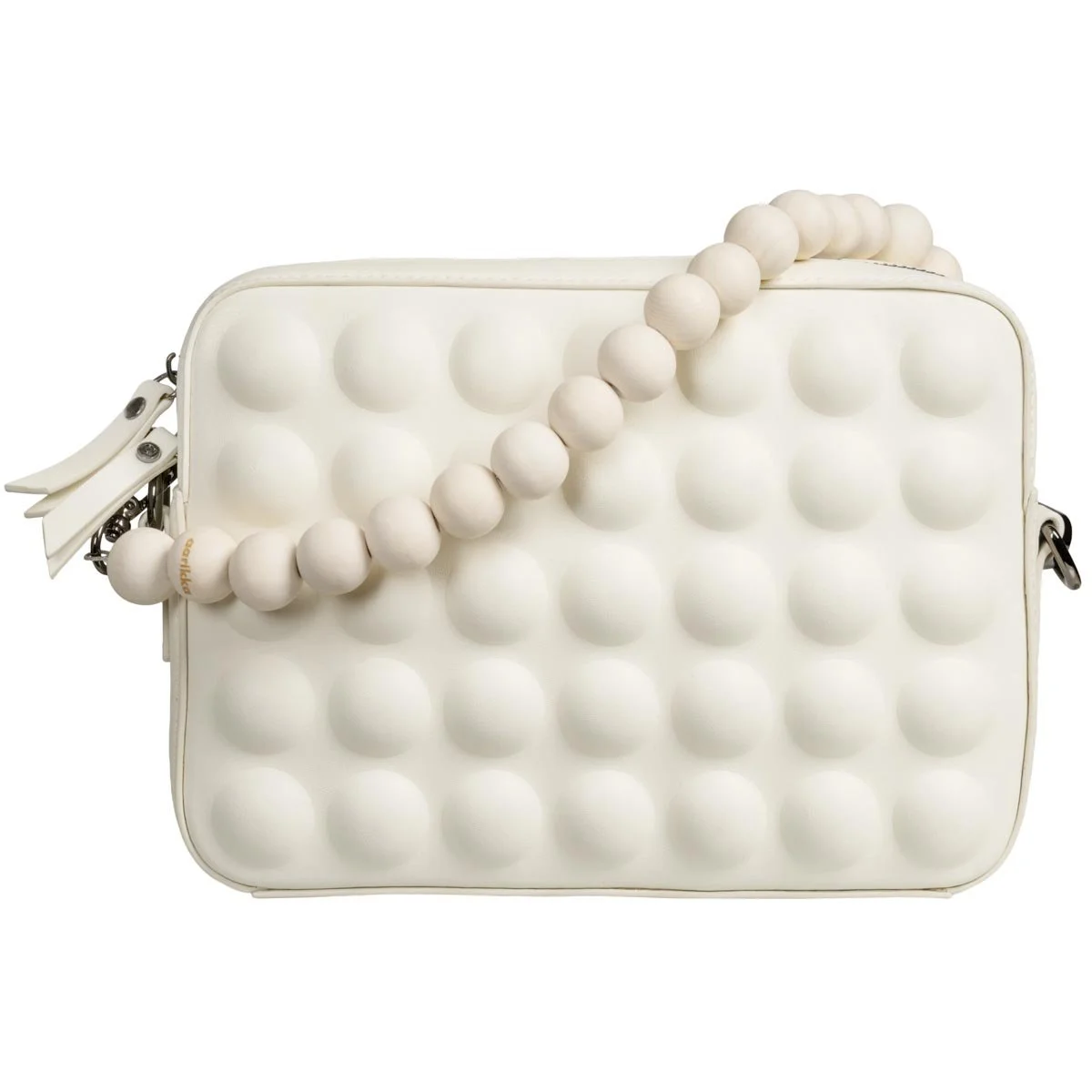 Aarikka's Auri POP shoulder bag in white leather and white wooden pearls handle