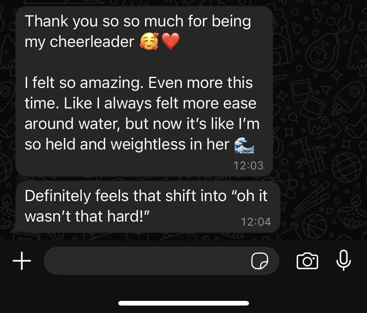 Screenshot of a messaging app conversation with emotional messages about feeling like being held and weightless in water, along with water-themed emojis.