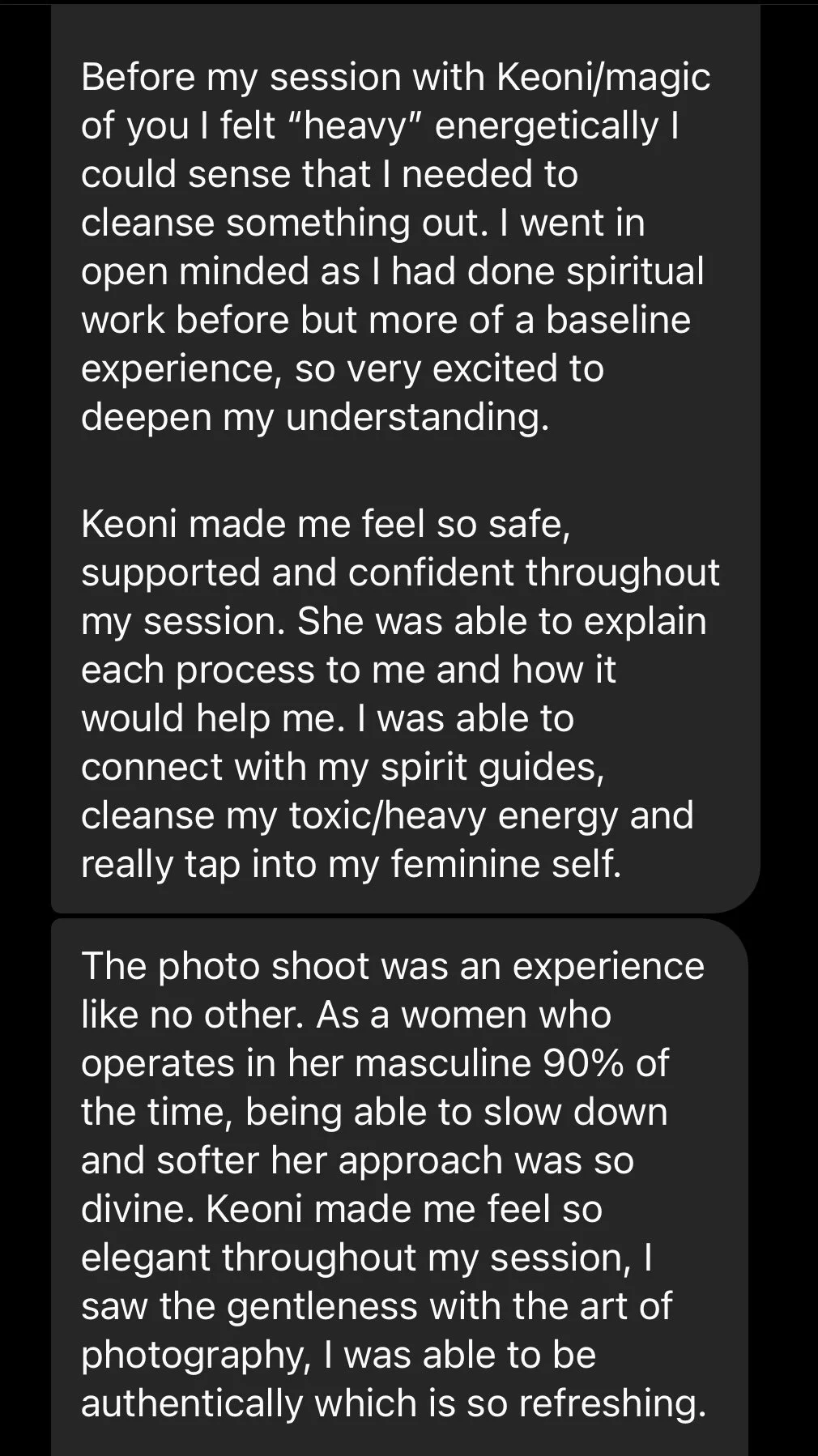 Customer testimonial about a spiritual session with Keoni, describing feelings of heaviness, spiritual cleansing, and gratitude for the experience.