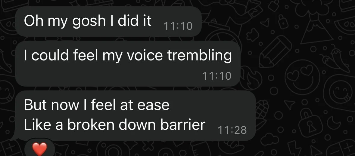 Screenshot of a text message conversation with three messages expressing relief and an emoji of a red heart.