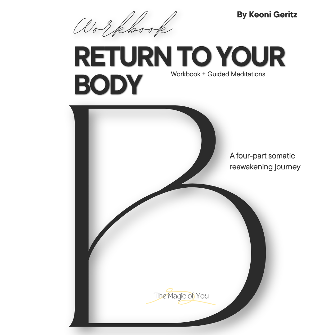 Book cover titled 'Return to Your Body' by Keoni Geritz, featuring large stylized letter 'B' and text indicating it is a workbook and guided meditation for somatic reawakening.