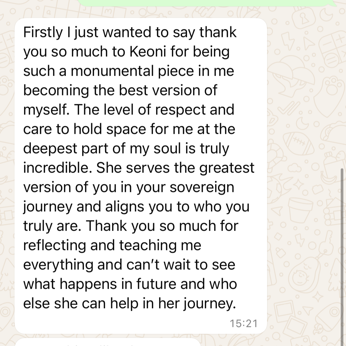 WhatsApp message of gratitude expressing appreciation for Keoni and a person named She, acknowledging their role in personal growth and self-discovery.