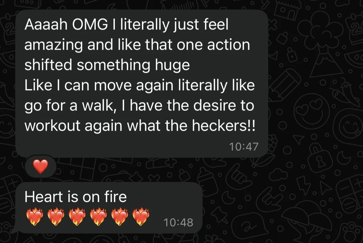 Screenshot of a text message conversation, expressing excitement and motivation about feeling amazing and ready to work out again, with a response indicating passion and enthusiasm using flaming heart emojis.