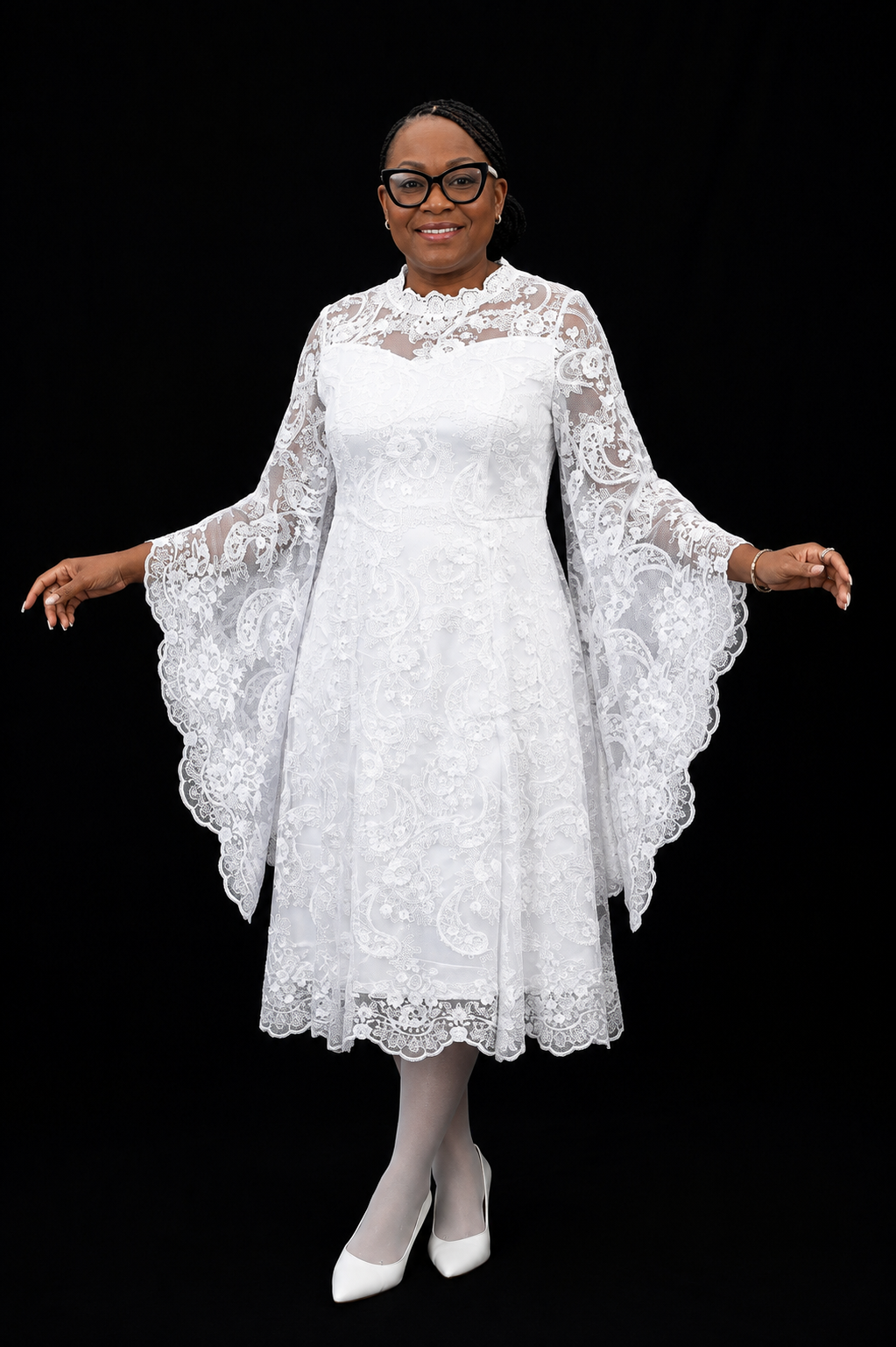 Elegant White Lace Cape-Sleeve Dress Short Length - 1684