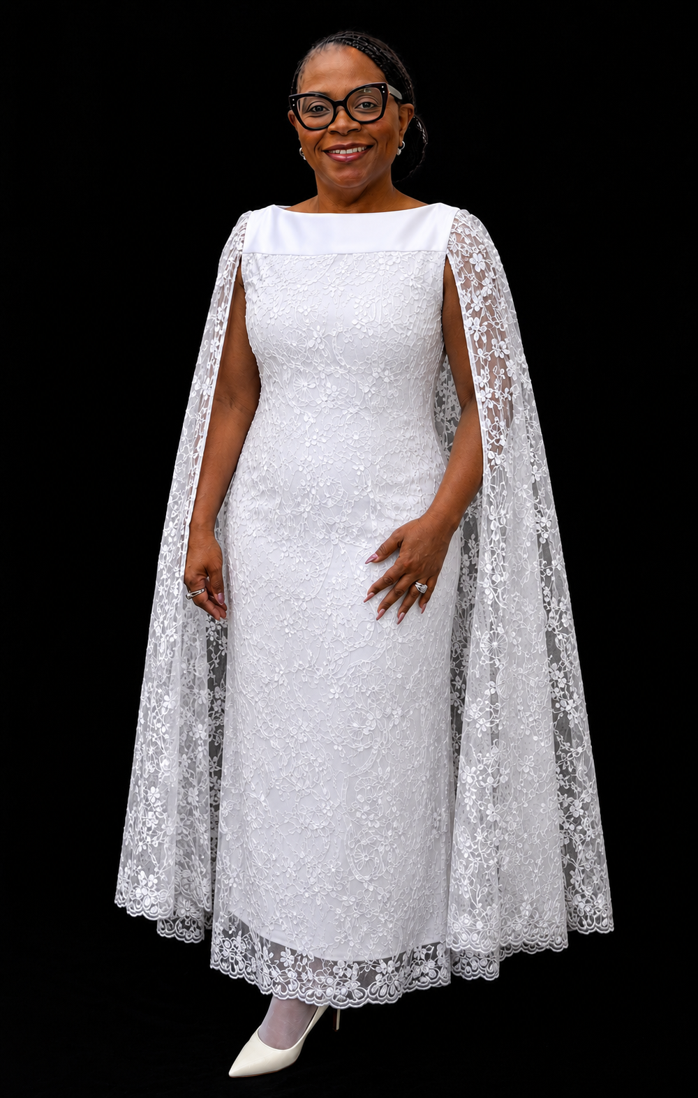 Elegant White Floral Lace Cape Dress – Style 8953