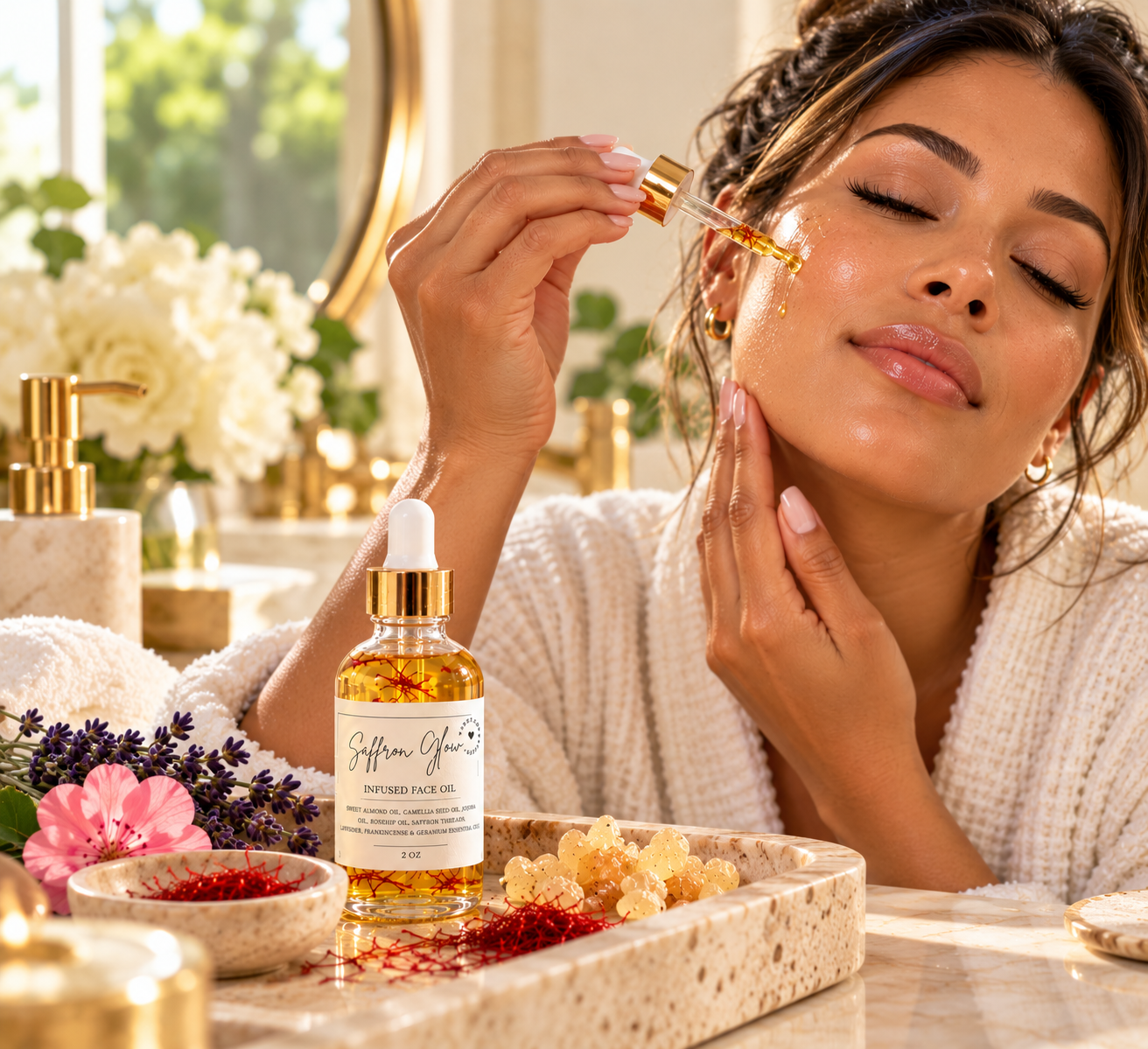 A woman is applying face oil with a dropper in a bright, elegant bathroom. She is surrounded by skincare products, flowers, and spa accessories.