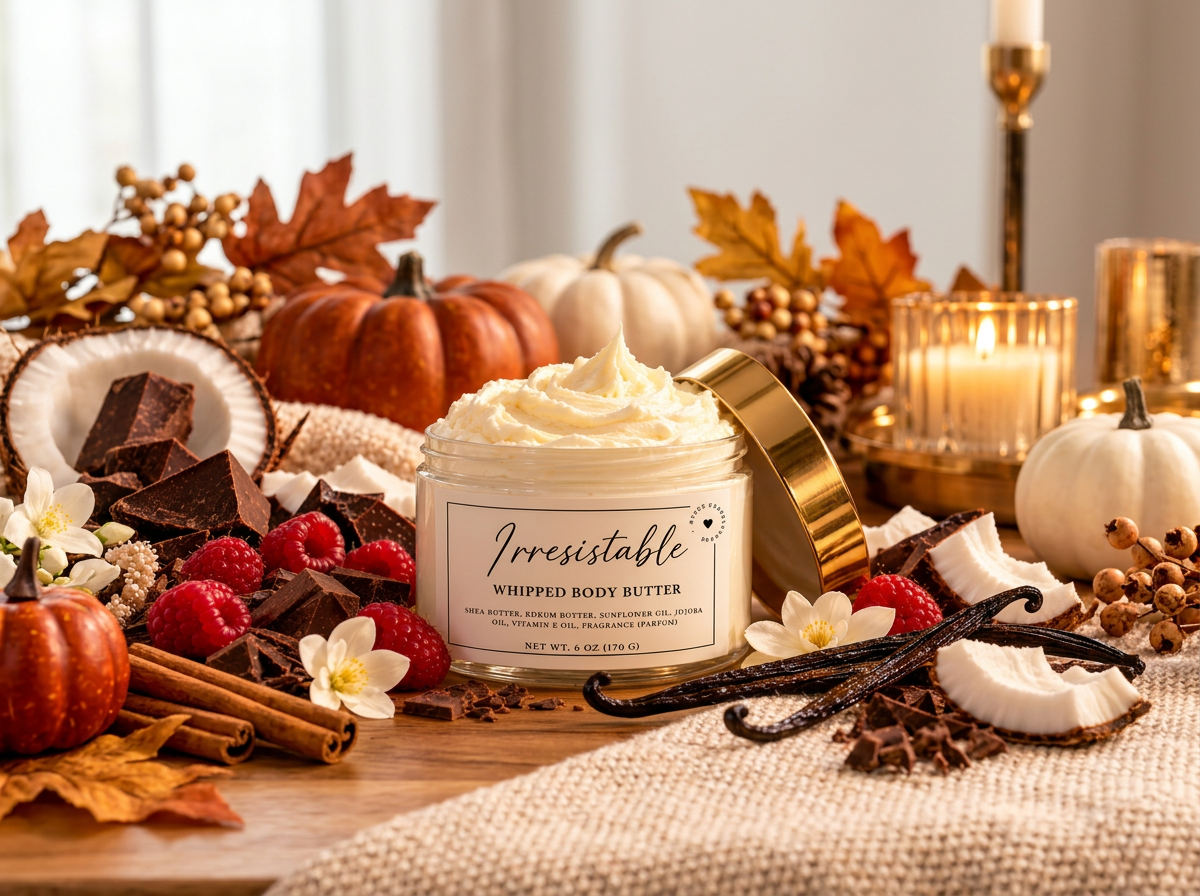 A jar of whipped body butter surrounded by pumpkins, chocolate, raspberries, vanilla beans, cinnamon sticks, and autumn leaves on a wooden table, with candles in the background.