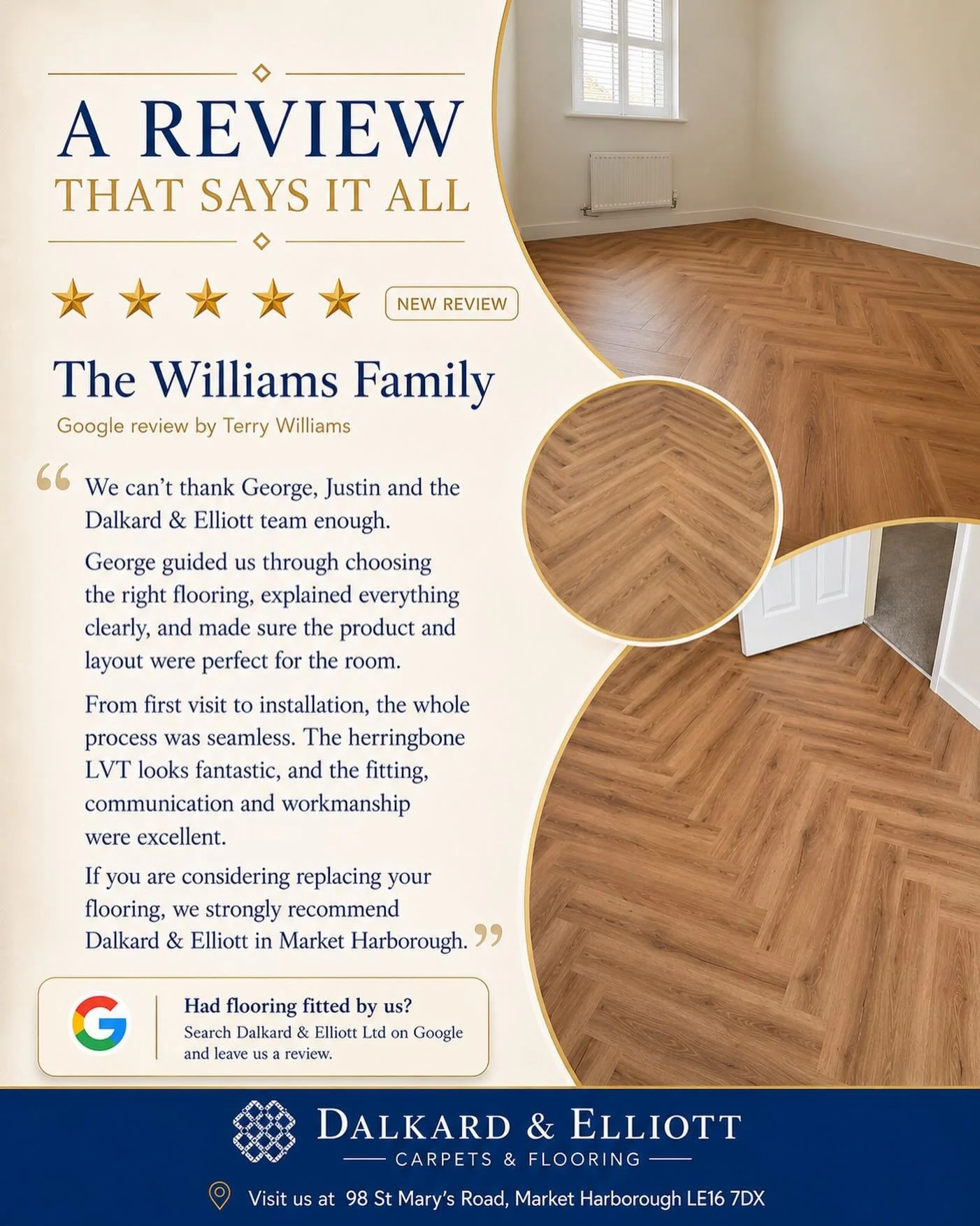 Thank you so much Terry and the Williams family for such a fantastic review. We really appreciate you taking the time to share your experience with us.

It was a pleasure helping you choose the right LVT for your home, and George will be delighted to