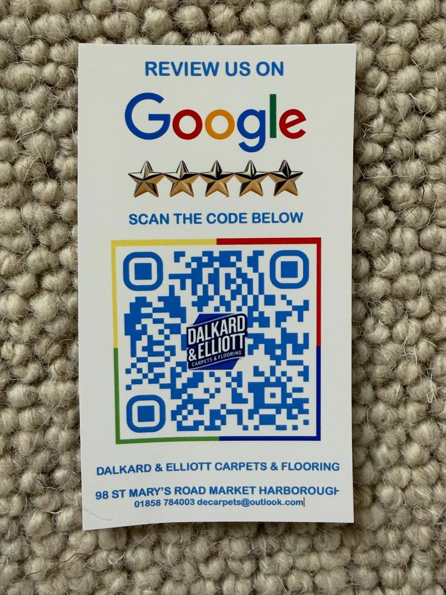 Hi I just wondered, would you like to leave us a Google review if we have fitted a carpet or LVT for you? Here&rsquo;s the link, 

Dalkard &amp; Elliott Ltd https://g.page/r/CcOpWnT28pYqEBM/review

And if you go on to the Google search engine all you