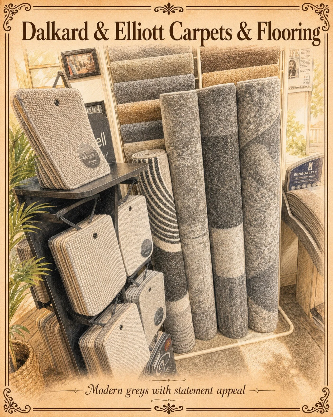 Come and browse our rugs, carpet, LVT, Vinyl, Laminate and rug collections here at Dalkard &amp; Elliott. Our manager George who has over 50 years of experience as a fitter and now manager will come out and quote free of charge and price your job up.