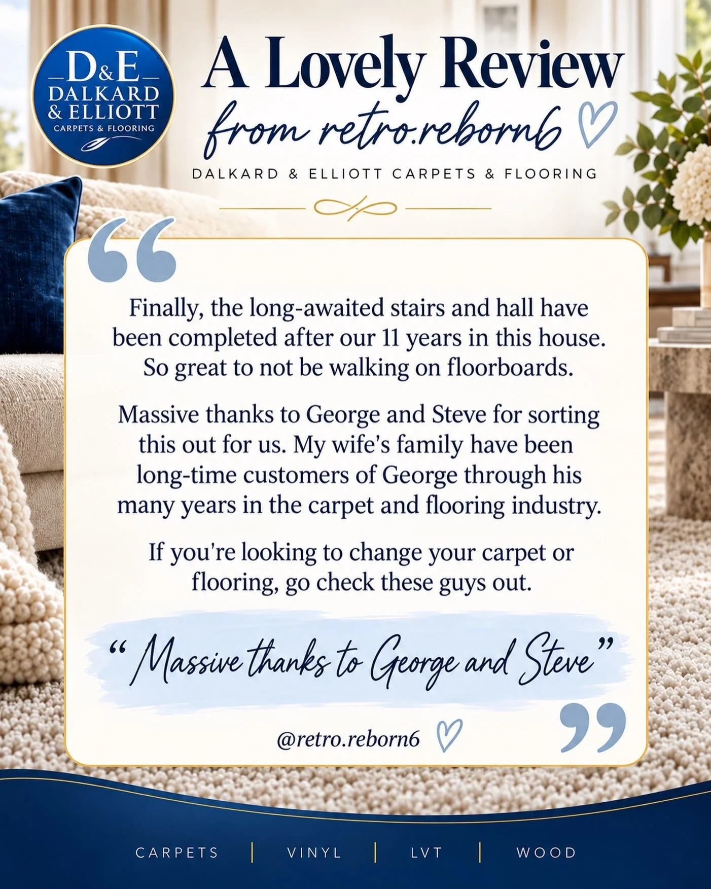Many many thanks to @retro.reborn6 for their kind words and lovely review about their new carpets we have recently fitted for them. We really do appreciate your kind words and support Retro Rebourne 6 🙏 And we are really happy to hear you love your 