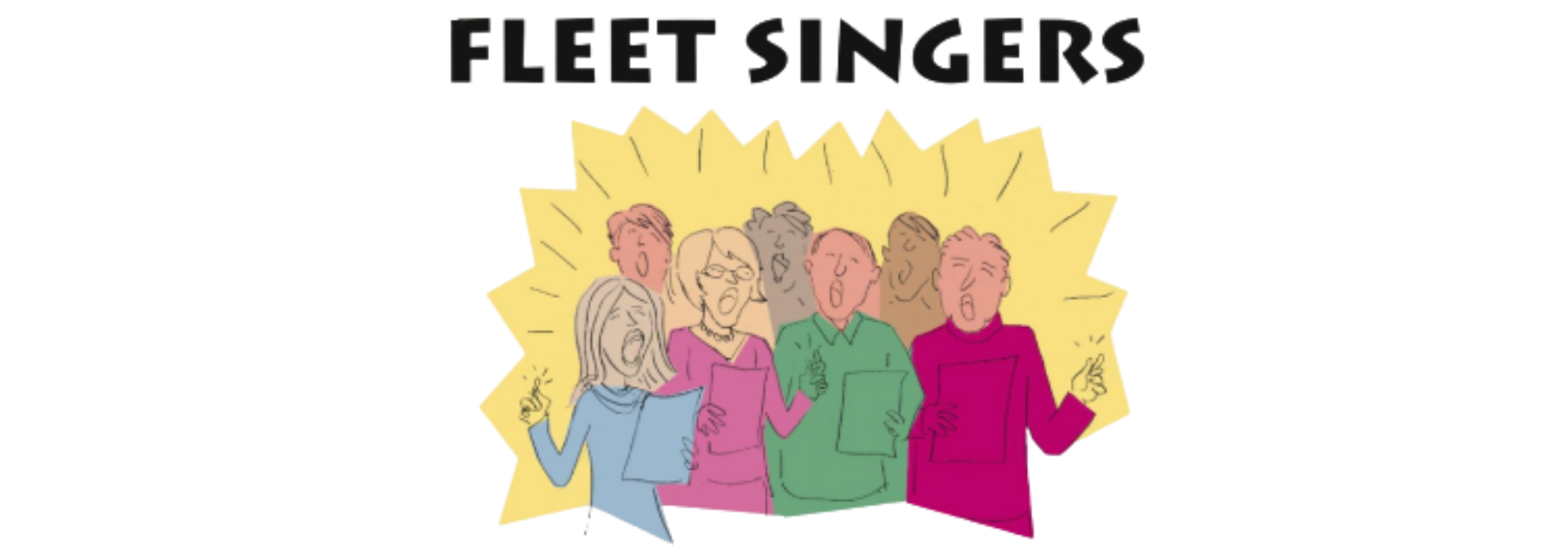 A diverse group of six people singing passionately, holding songbooks or sheets, with a yellow radiant background indicating a choir or singing group.