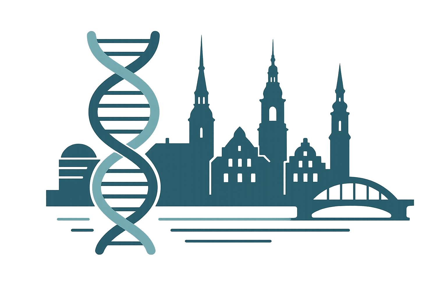Illustration of a DNA double helix over a Copenhagen city skyline