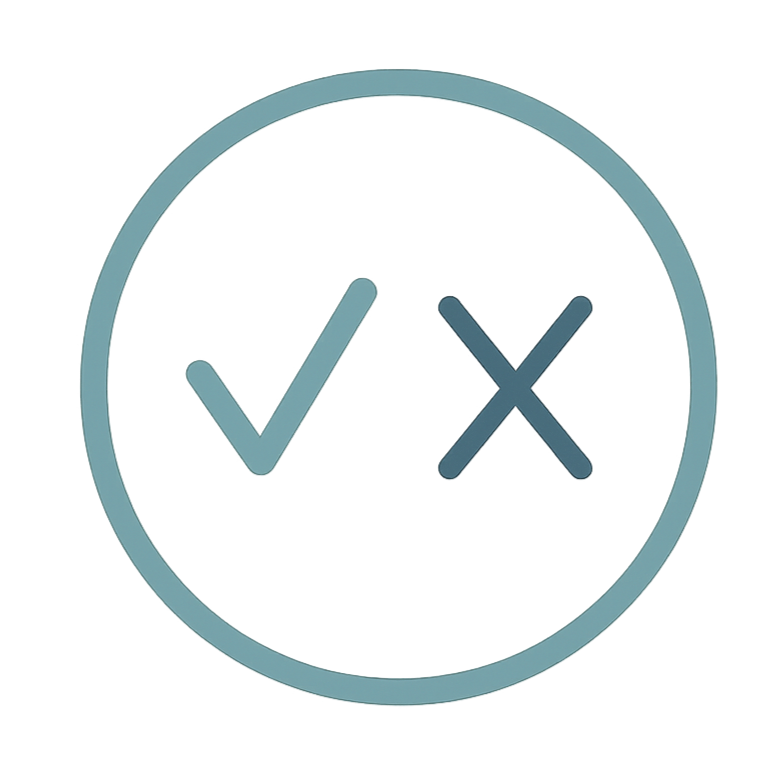 Icon with a check mark and an X inside a circular border.