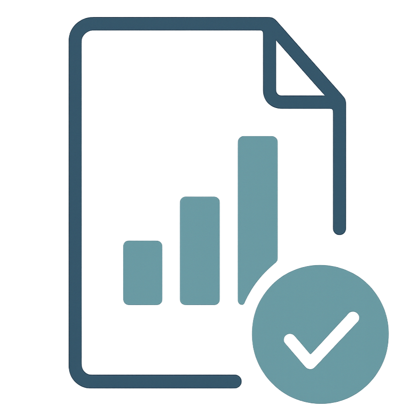 An icon a bar chart with four ascending bars and a checkmark in a circle overlaying the bottom right corner.