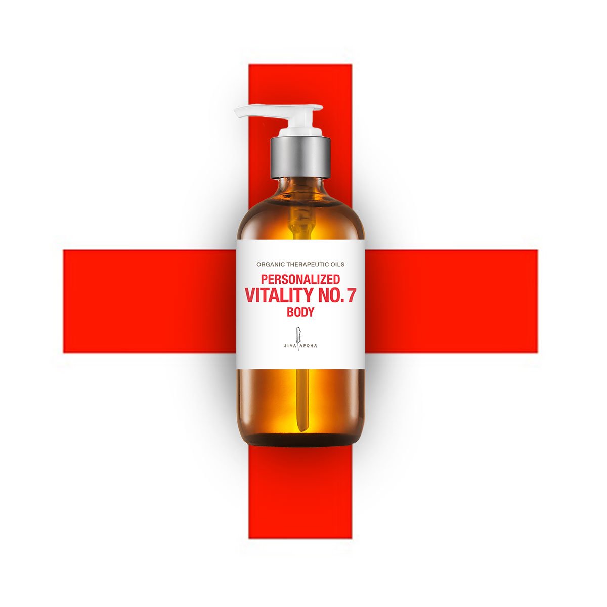 A brown therapeutic oil bottle with a white label featuring red text, placed in front of a red cross symbol.