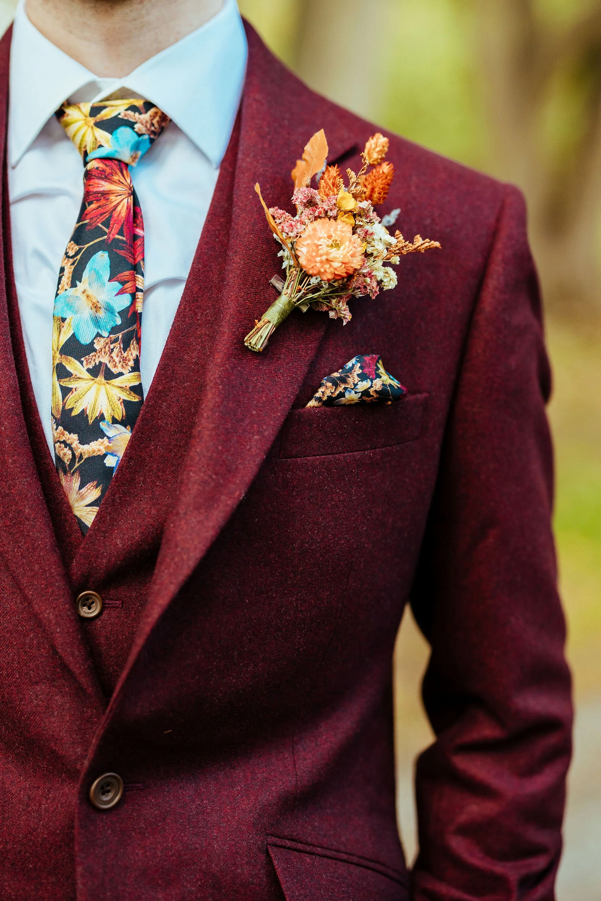 Burgundy flannel three-piece made-to-measure wedding suit, created by Kale Bespoke Tailoring in the City of London.