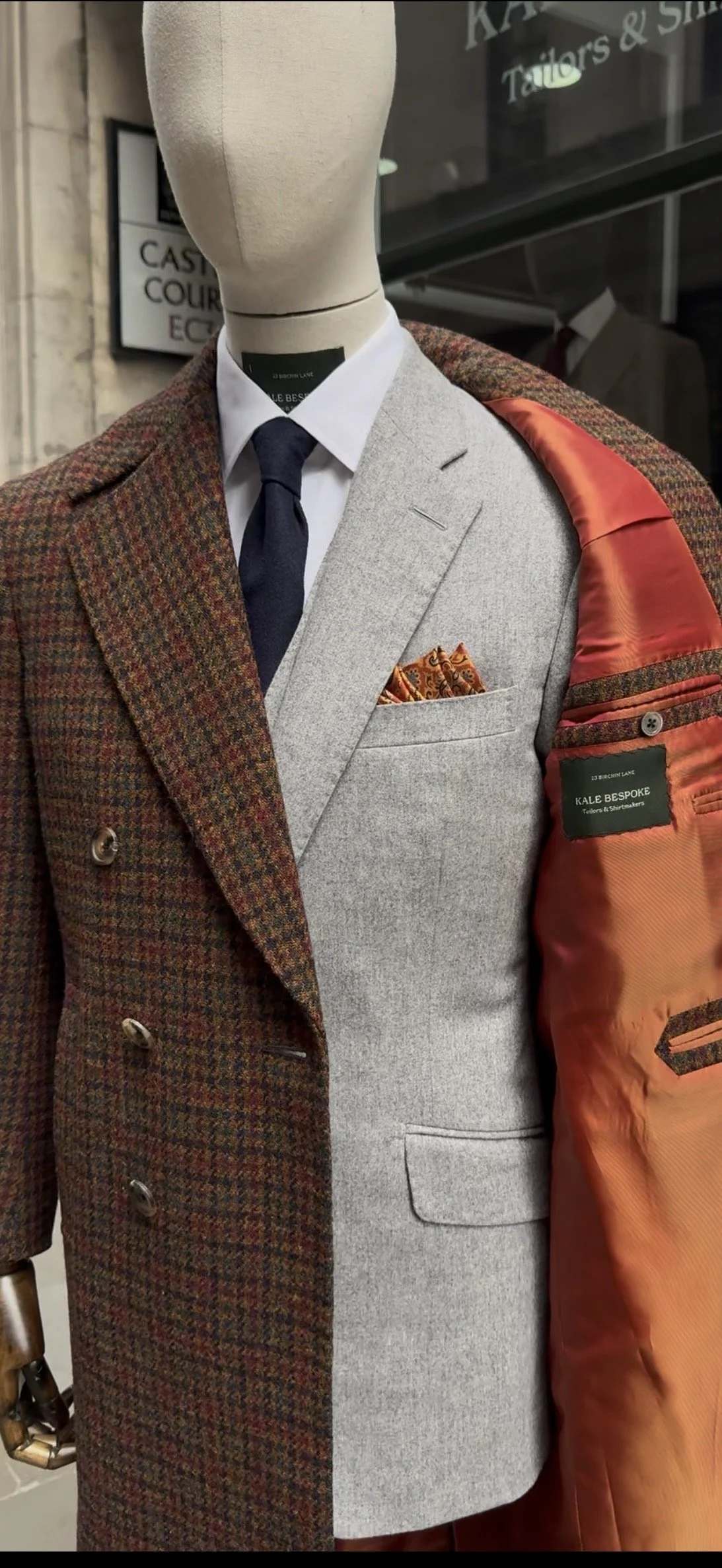 Bespoke double-breasted overcoat in Holland & Sherry Harris Tweed, featuring a richly textured brown, rust and navy check, handcrafted by Kale Bespoke in the City of London.
