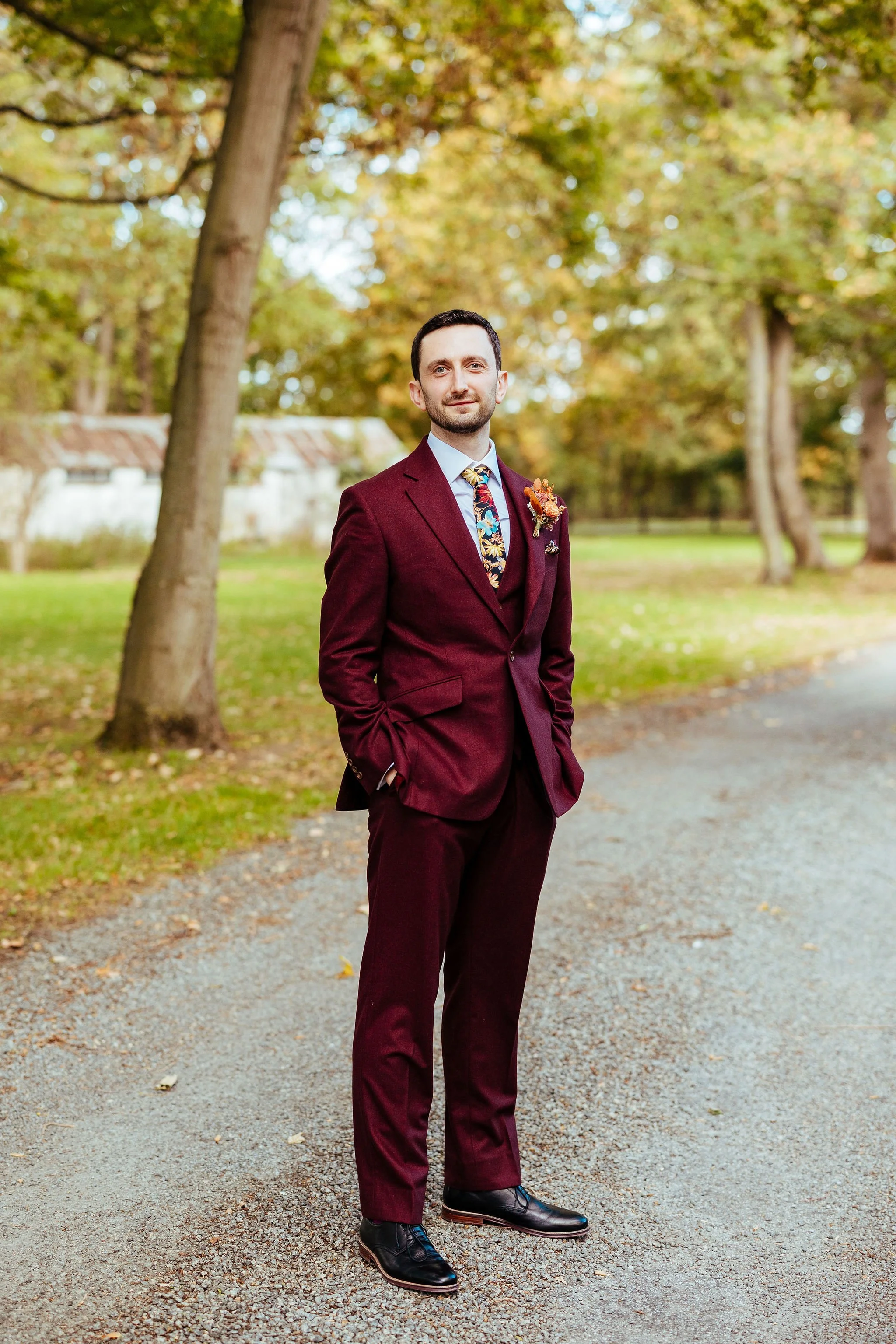 Burgundy flannel three-piece made-to-measure wedding suit, created by Kale Bespoke Tailoring in the City of London.
