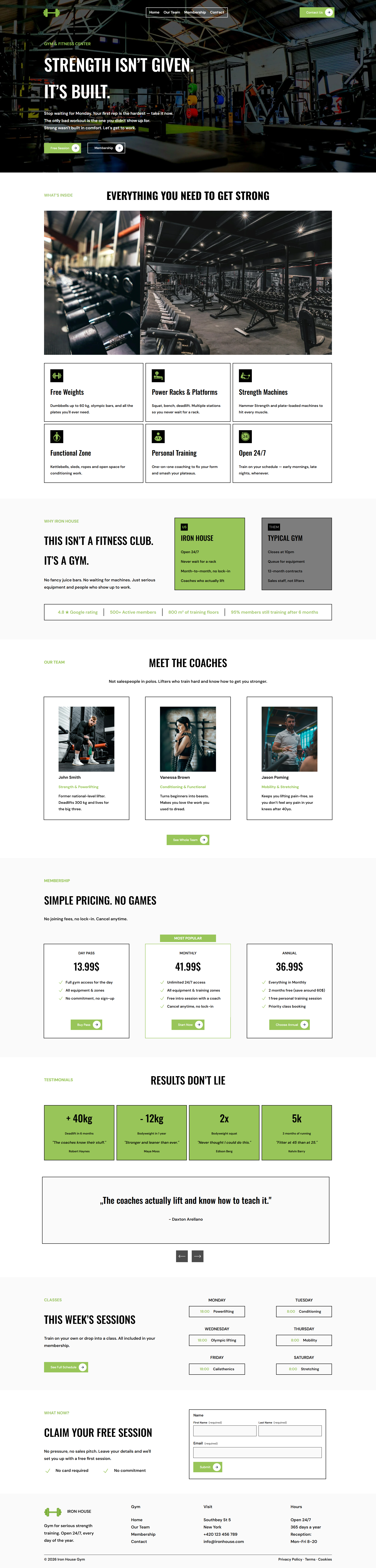 website for gym with short green and white and black colors