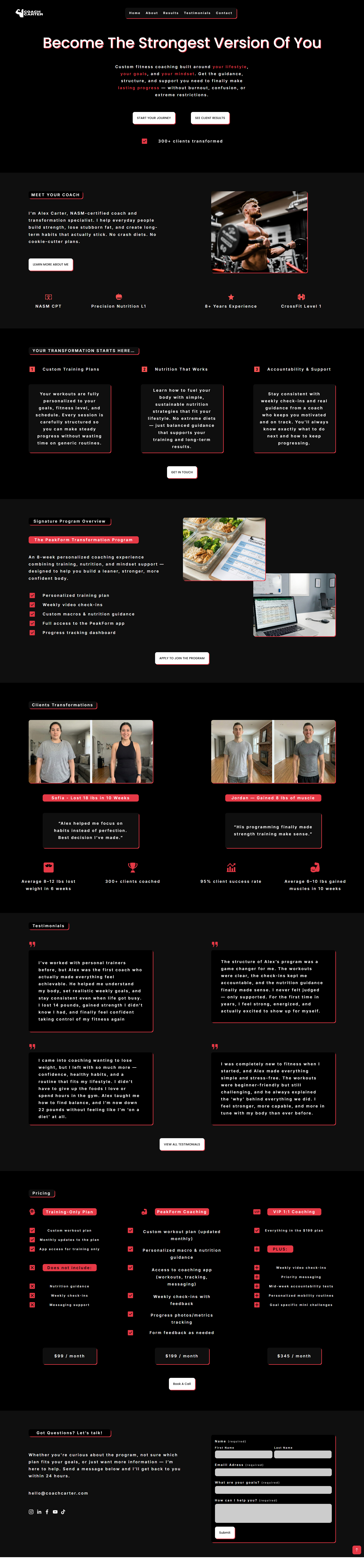 website for a gym coach with black background and strong red accent