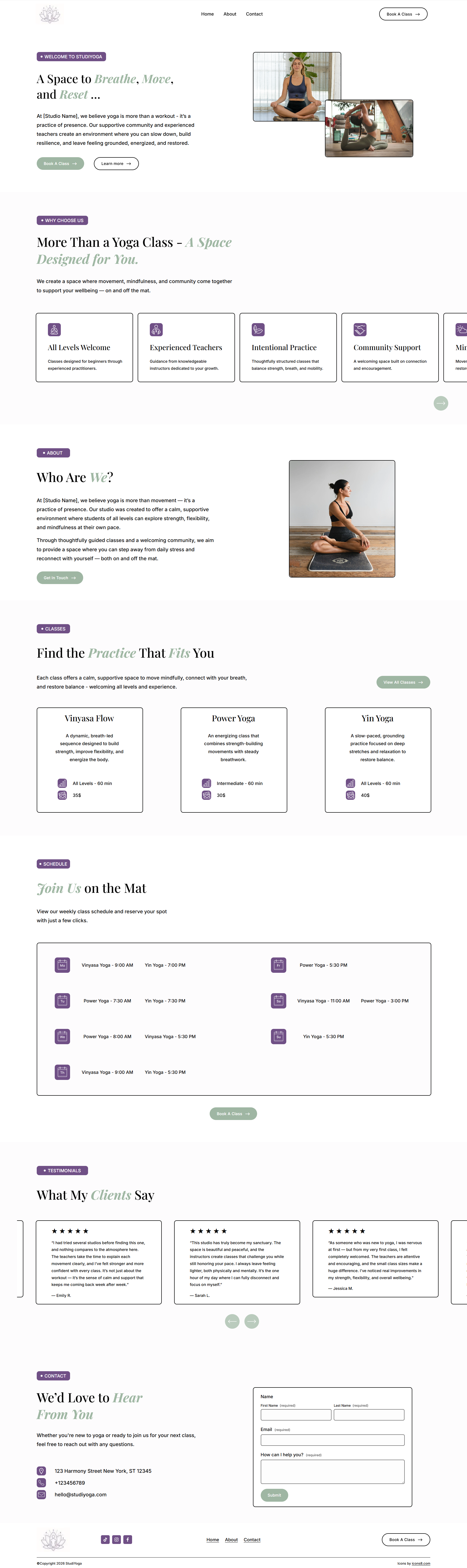website about yoga studio with pictures of their studios with orange and green colors