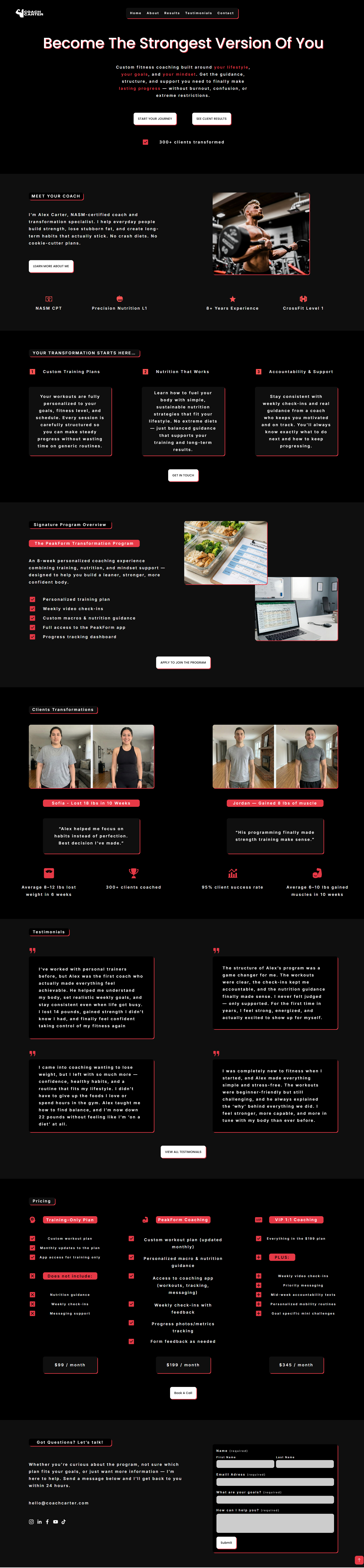 website for gym coach with black background and strong red accent