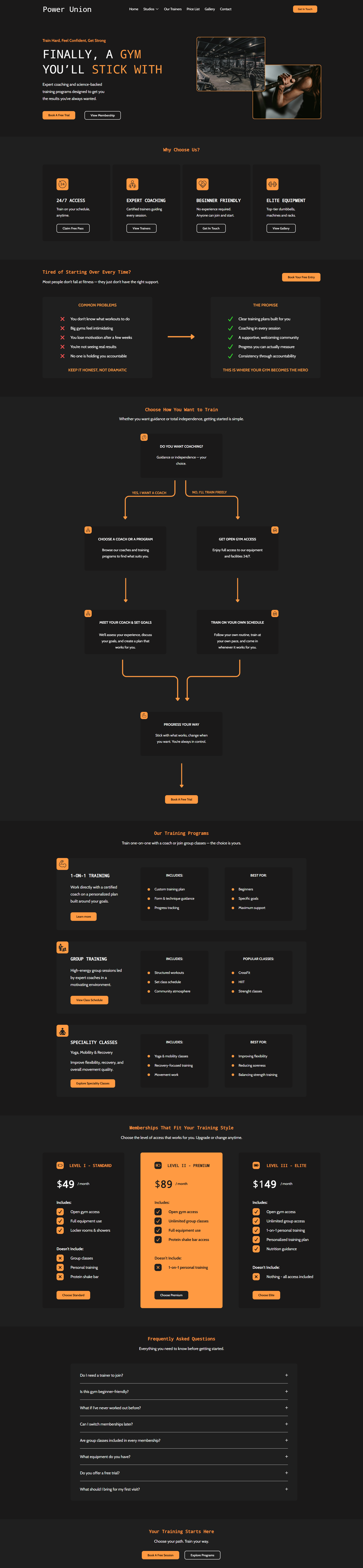 website for a fitness industry with a dark theme and a lot of orange color