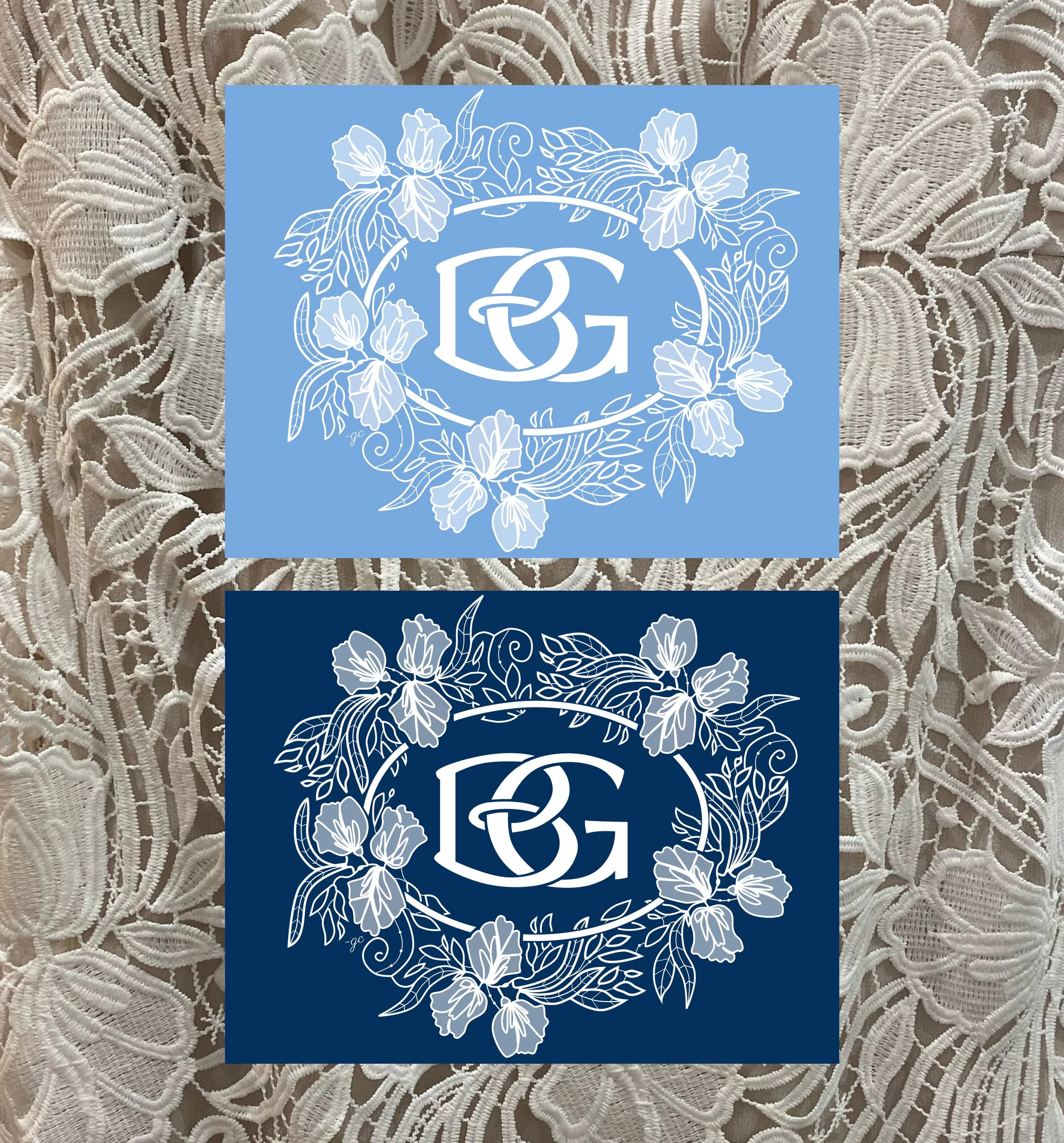 welcome bag design, inspired by wedding dress lace and Beaver Creek logo