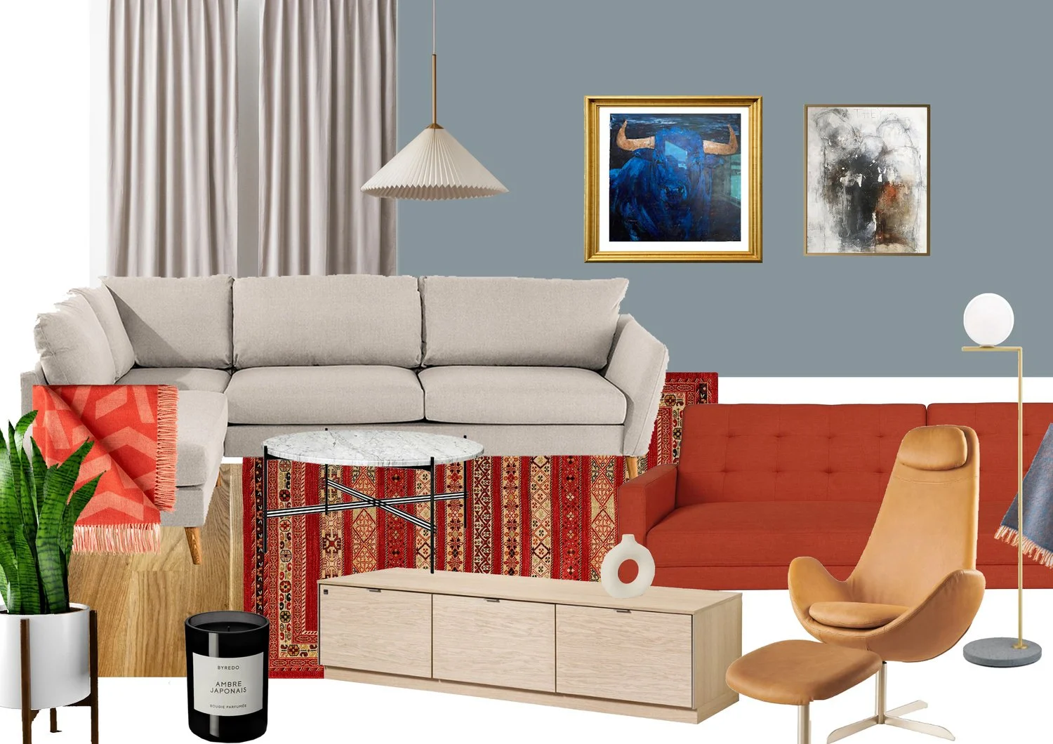 Moodboard for moderne stuedesign med nordisk preg, lyse møbler, kunst og varme farger