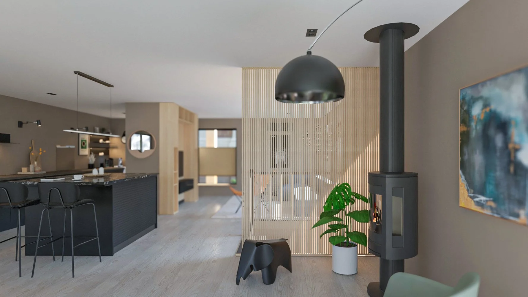Stue med åpen kjøkkenløsning. Trondheim
Moderne kjøkken og stue i ett, med nordisk preg og lyse toner