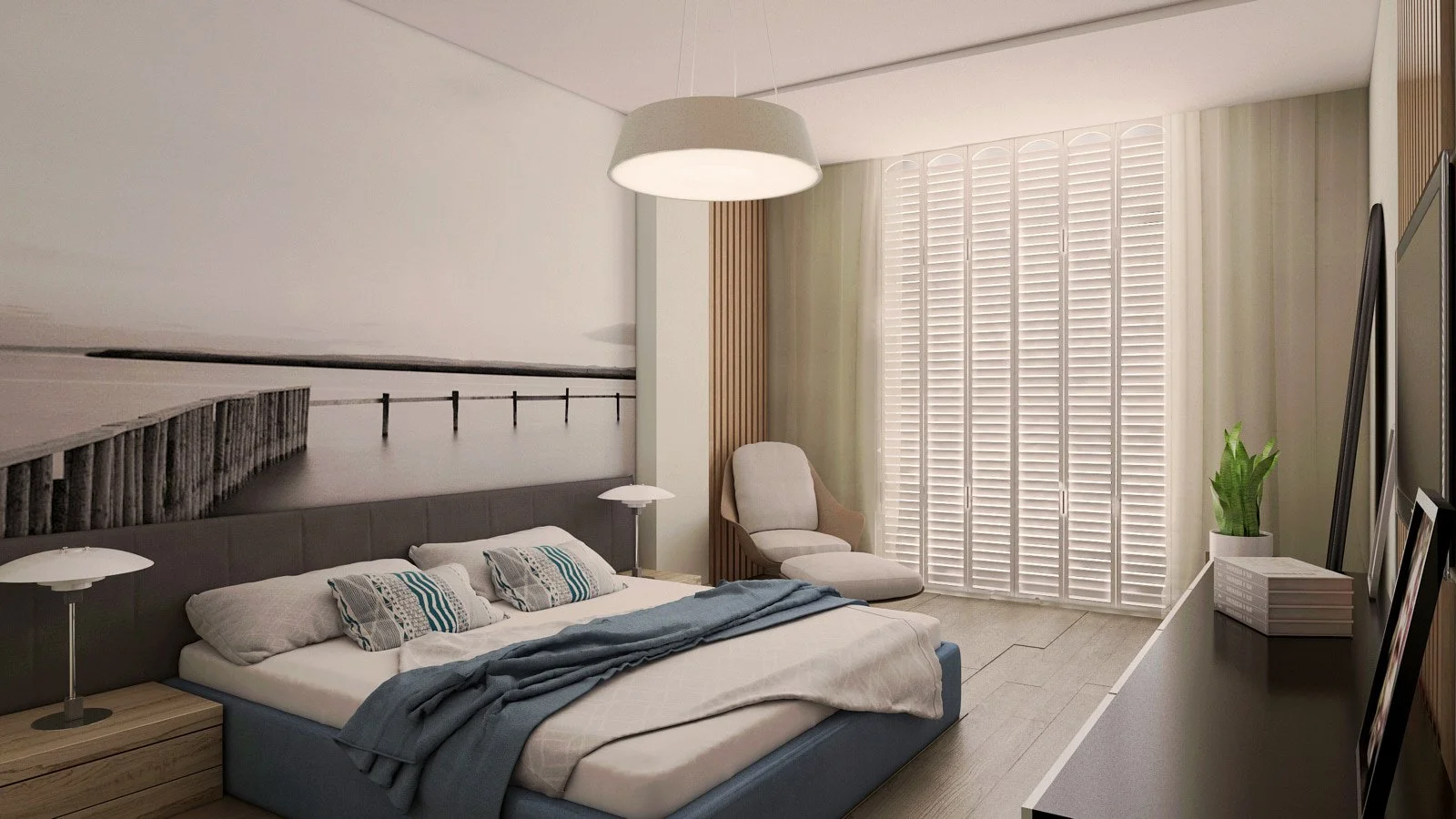 Elegant soverom med skreddersydd interiørdesign i Trondheim, rolige fargetoner, minimalistiske møbler og naturinspirert kunst på veggen