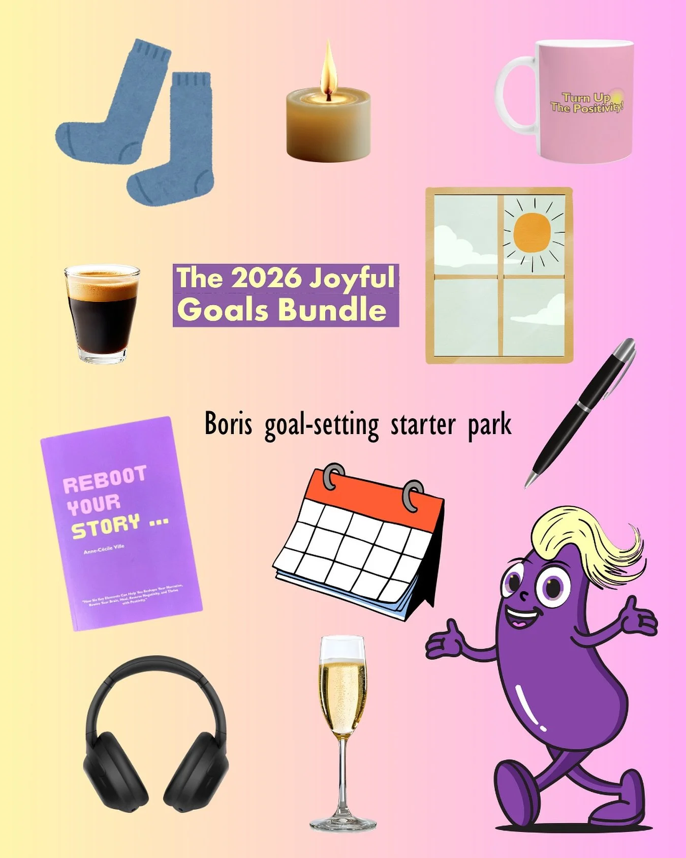 Boris&rsquo; goal-setting starter pack includes:
📖 A copy of Reboot Your Story by @annececileville
🕯️A candle to set the mood
☕️ A shot of espresso for energy
🗓️ A calendar to track your goals
🥂 A glass of cava for a bit of fun
💻 4 weeks of the 