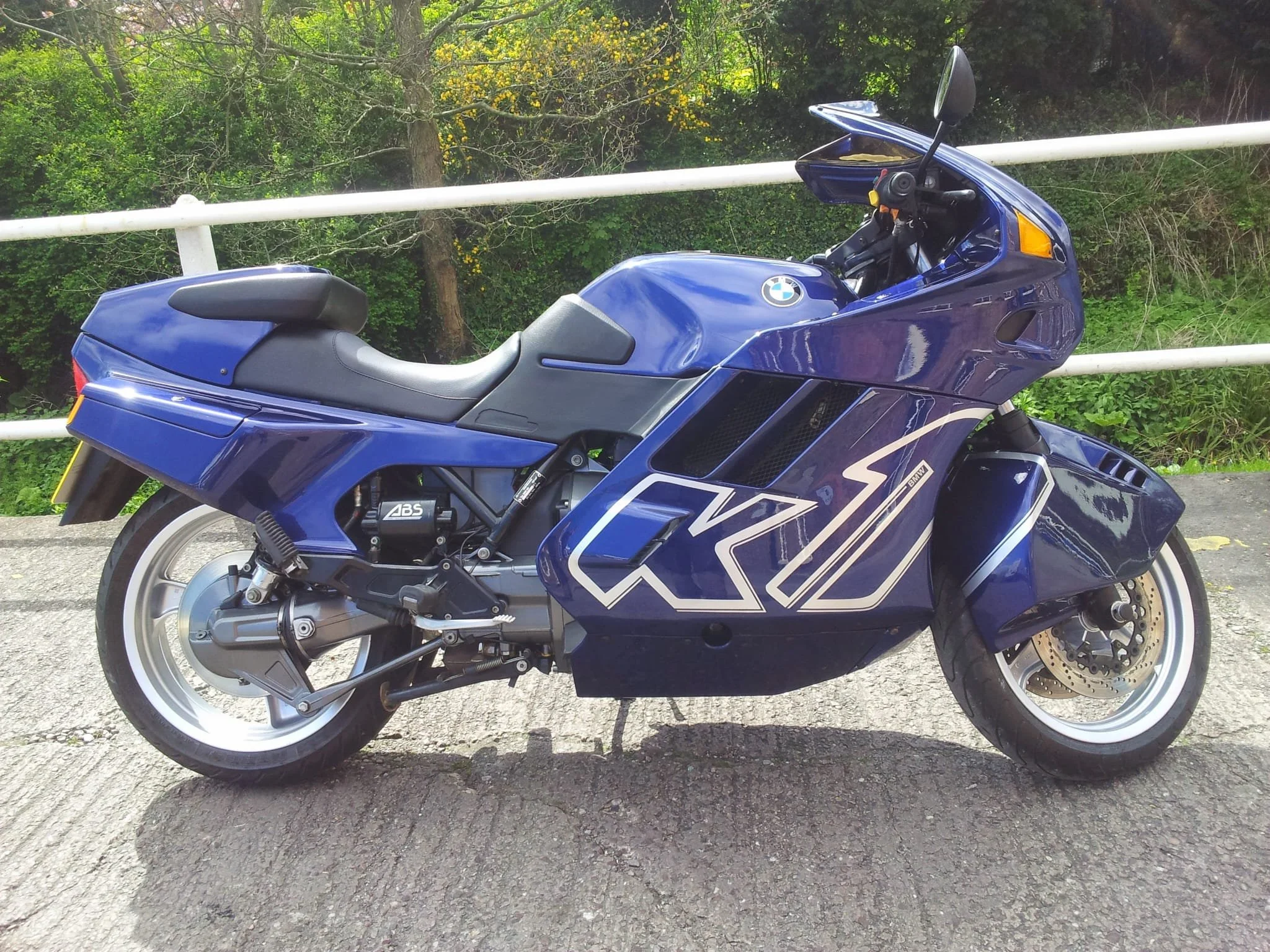 Blue BMW motorcycle parked on the side of a road with green trees and bushes in the background.
