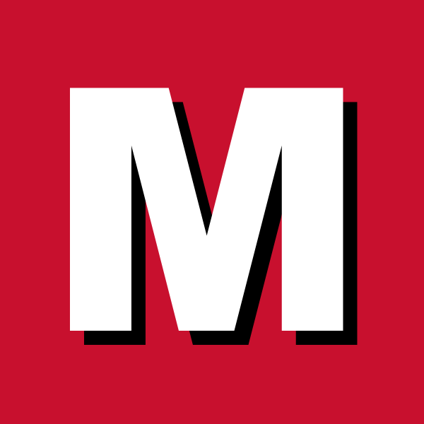 Red background with large white letter 'M' outlined in black.