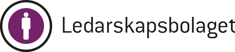 Logotyp för Ledarskapsbolaget, med en vit ikonenfigur på lila bakgrund inom en cirkel, till vänster och texten 'Ledarskapsbolaget' till höger.