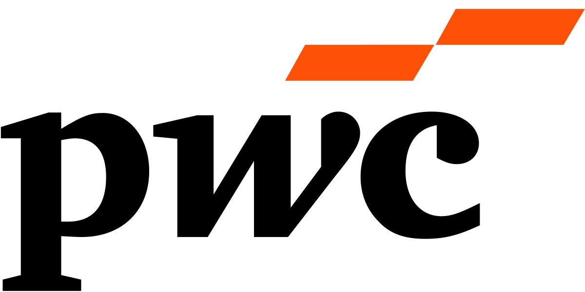 Logotyp för ett företag eller varumärke med svart text och två orangea diagonalstreck ovanför.