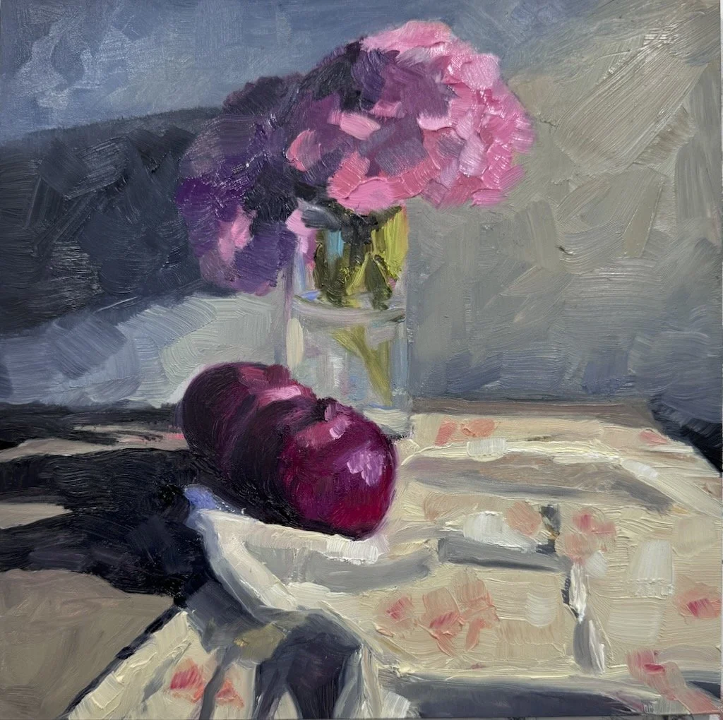 Red Onions and Pink Hydrangea
12x12, oil on board