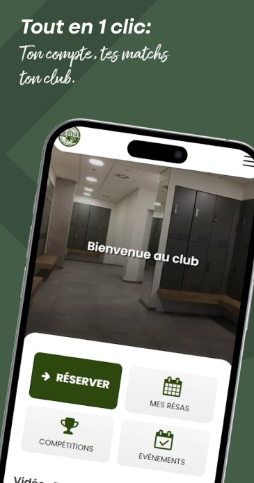 Capture d'écran d'une application mobile de réservation de club sportif, affichant un hall avec des casiers, un bouton 'Réserver' et des sections pour 'Mes Résas', 'Compétitions' et 'Événements'.