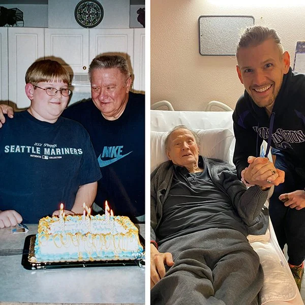 A split image of two scenes. On the left, a young boy with glasses and red hair standing beside an older woman, both smiling, with a birthday cake with candles in front of them. On the right, a man smiling and holding hands with an elderly woman lying in a hospital bed.