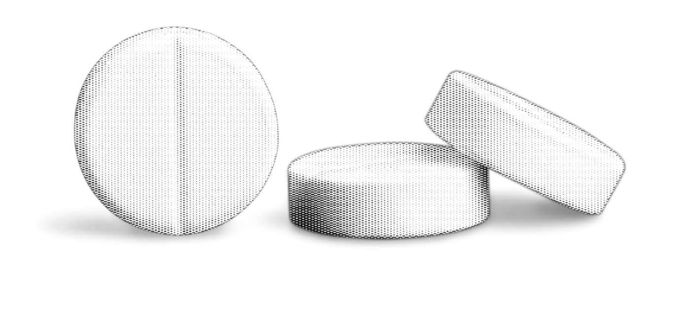 Three white pills, two are on their side.  One scored pill is standing up.