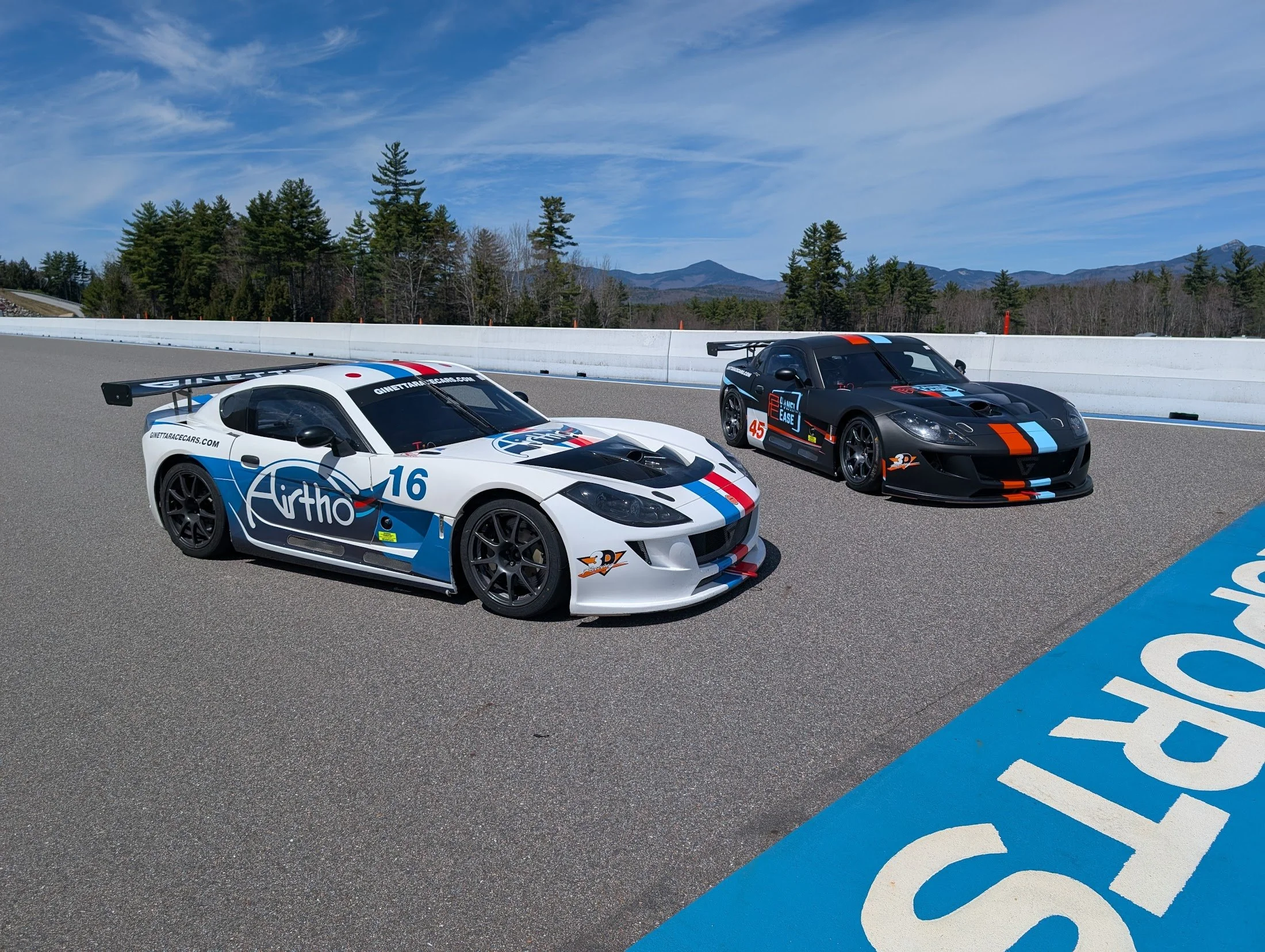 Airtho racecar on race track with trees and mountains in the background